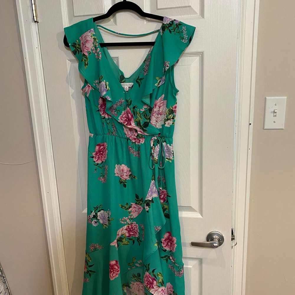 Green and pink floral midi dress